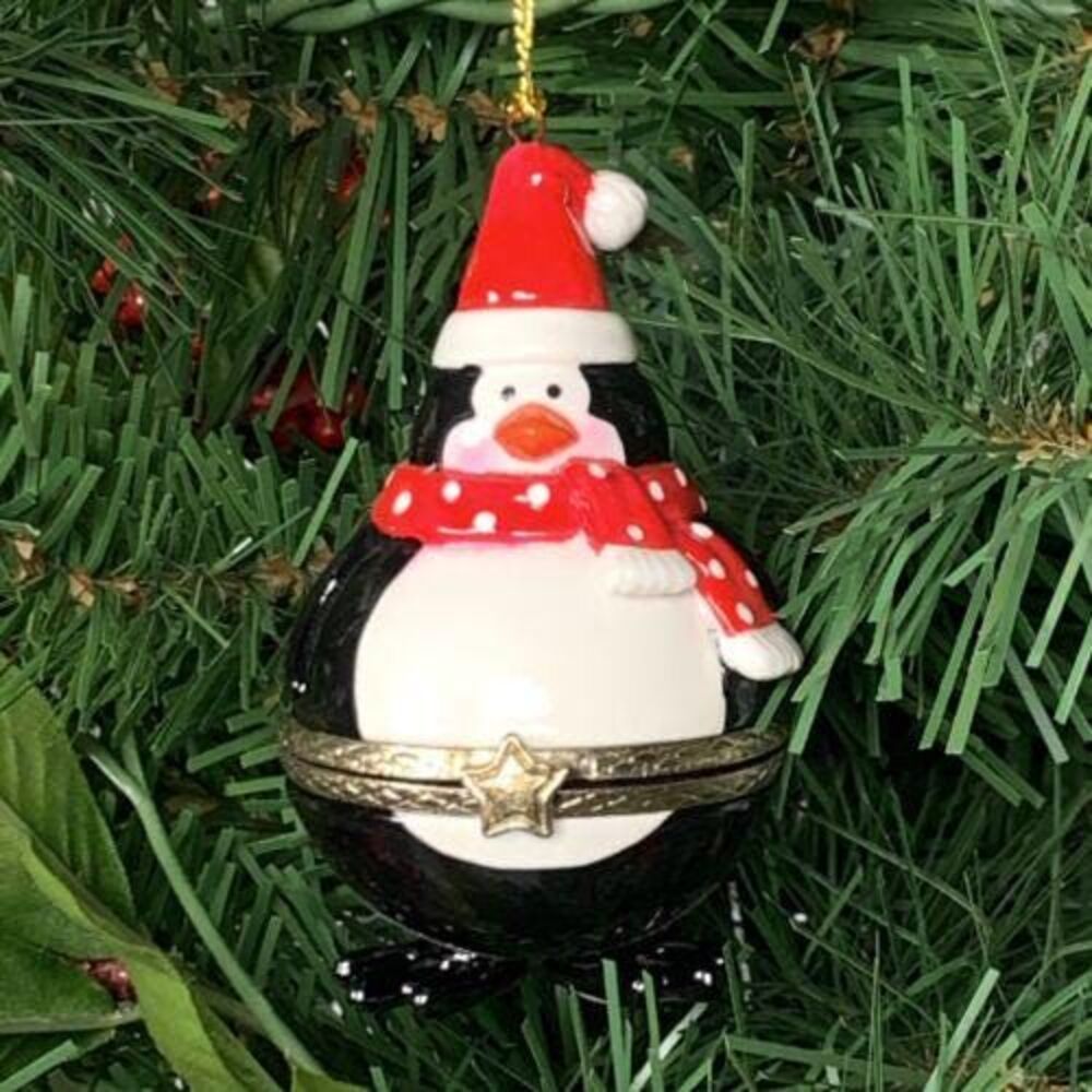 Penguin with Santa Hat Scarf Porcelain Hinged Trinket Box Christmas Ornament
